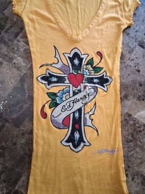 Ed Hardy VintageYellow V-Neck T Shirt with Jeweled Cross and Heart Motif
